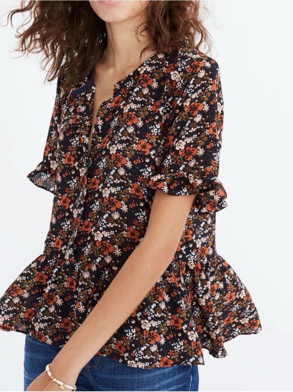 Madewell Silk Studio ruffle hem short sleeve top